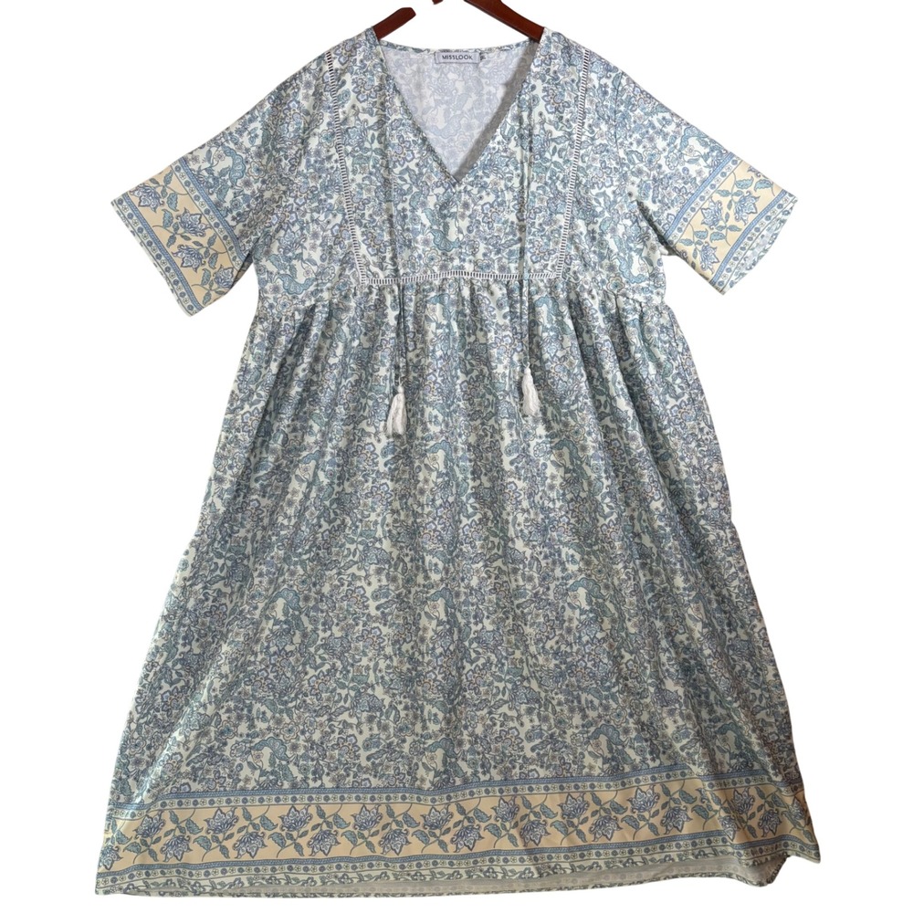 Misslook Dress Blue Pastel Floral Paisley Boho 2XL Cottagecore Tassel Midi Cool